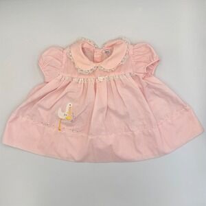 Vtg Nannette Baby Dress – Pink, Lace, Stork Embroidery & Bow | 0–3M or Doll